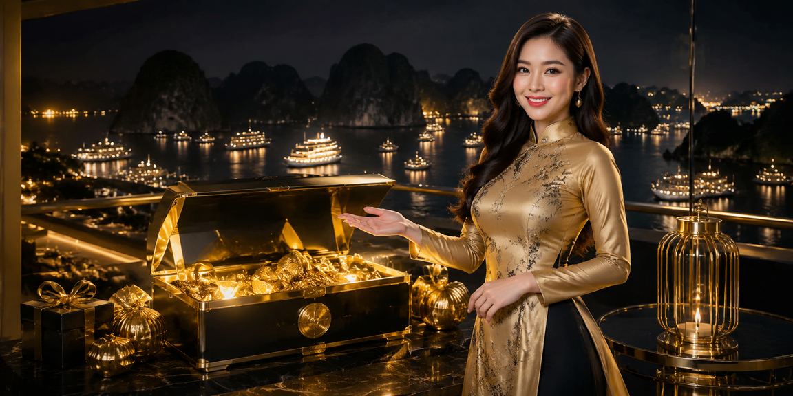 Phong cảnh vịnh Hạ Long với người tham gia giải trí trực tuyến trên du thuyền